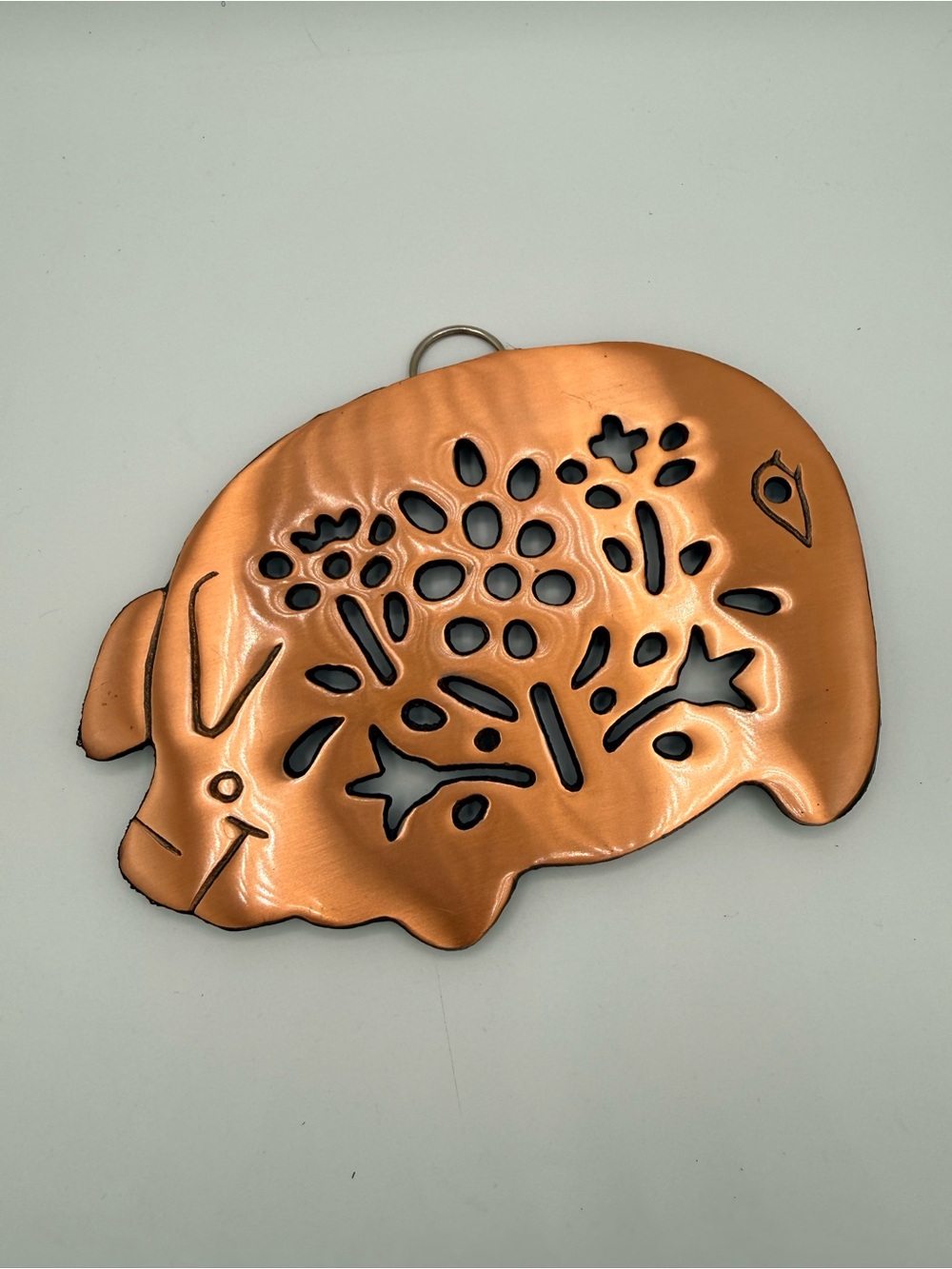 Copper-Tone Cast Iron Trivet/Wall Hanging Floral Cutout Pig Wall Hanging